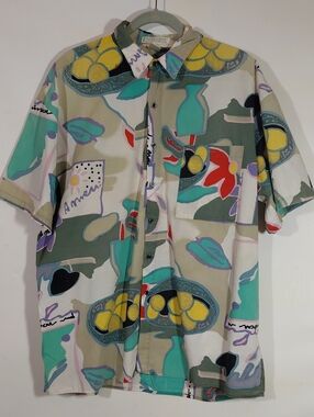 Vintage 90's Expressions Abstract Floral Button-Up Short Sleeve Cotton Shirt XL